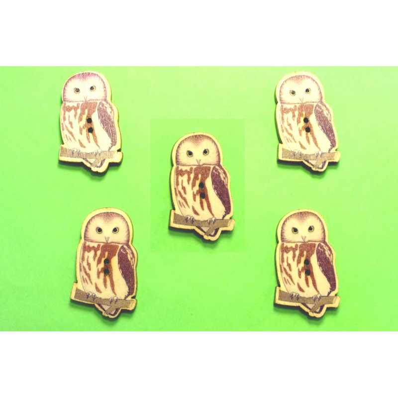 LOT 5 BOUTONS BOIS : theme oiseaux chouette 35*21mm (02) 