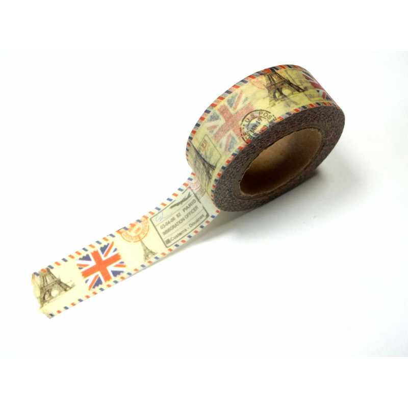 Ruban Washi 15mm x 10m motif Tour Eifel et drapeau Londres 