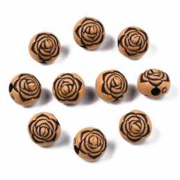 LOT 50 PERLES ACRYLIQUES : rondes motif roses marrons/noires 10*8mm (02) 