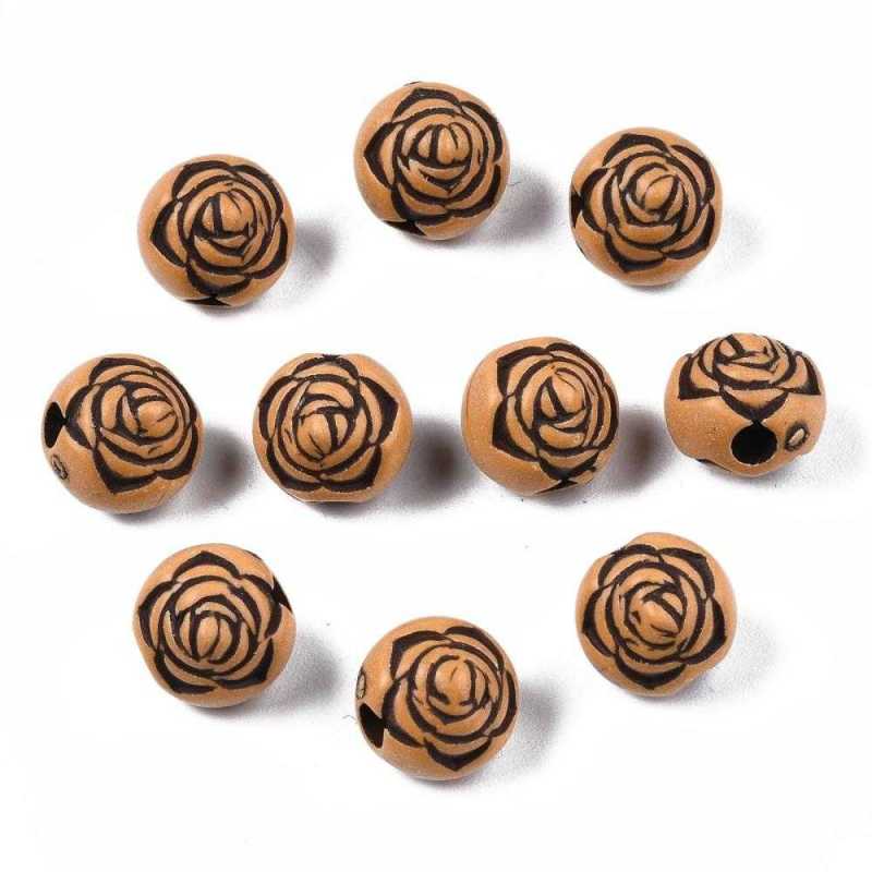 LOT 50 PERLES ACRYLIQUES : rondes motif roses marrons/noires 10*8mm (02) 