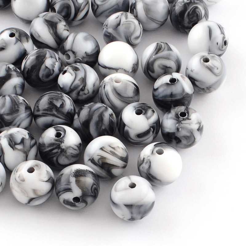 LOT 50 PERLES ACRYLIQUES : rondes marbrées noires/blanches 9.5mm (01) 