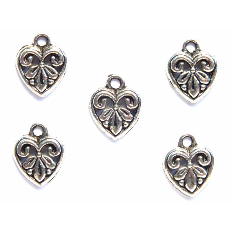 LOT 5 CHARMS/BRELOQUES  plaqué argent : coeur 15*12mm (02) 