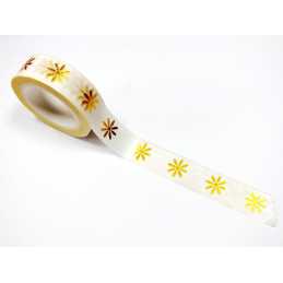 Ruban Washi 15mm x 10 mètres blanc motif fleur dorée 
