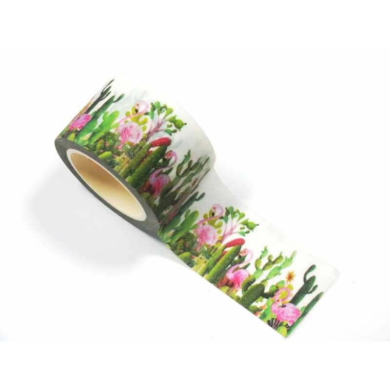 Ruban Washi 30mm x 5 mètres blanc motif flamand et fleurs 