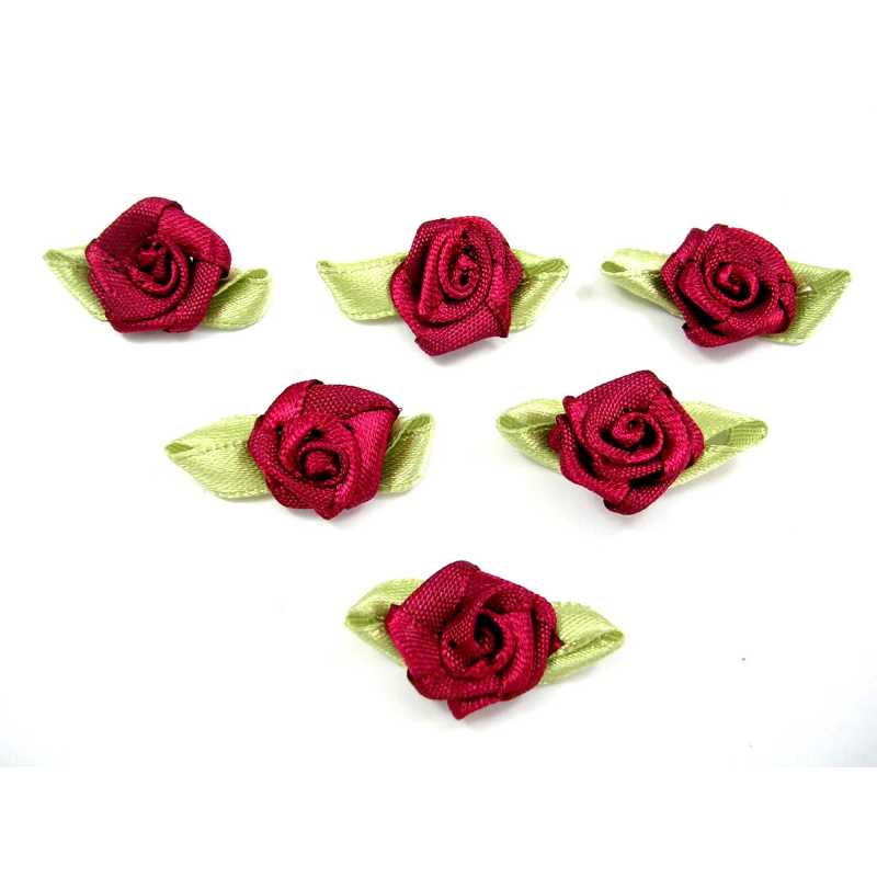 LOT 6 APPLIQUES TISSUS : rose couleur grenat 15mm 