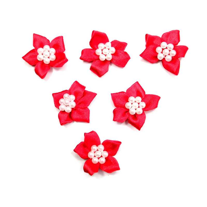 LOT 6 APPLIQUES TISSUS  : fleur rouge avec perles 25mm (03) 
