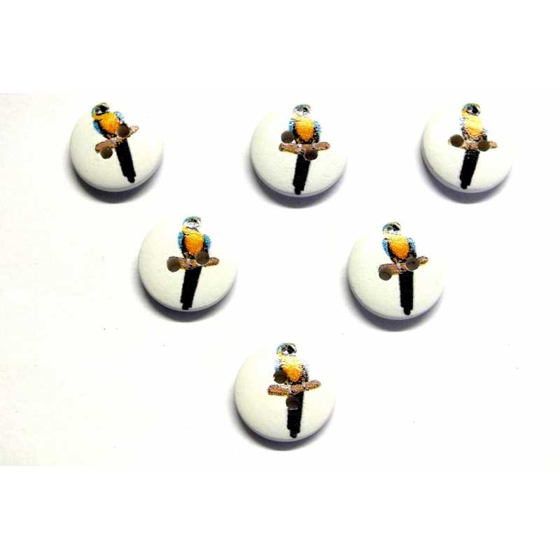 LOT 6 BOUTONS BOIS : rond motif oiseau 15mm (02) 