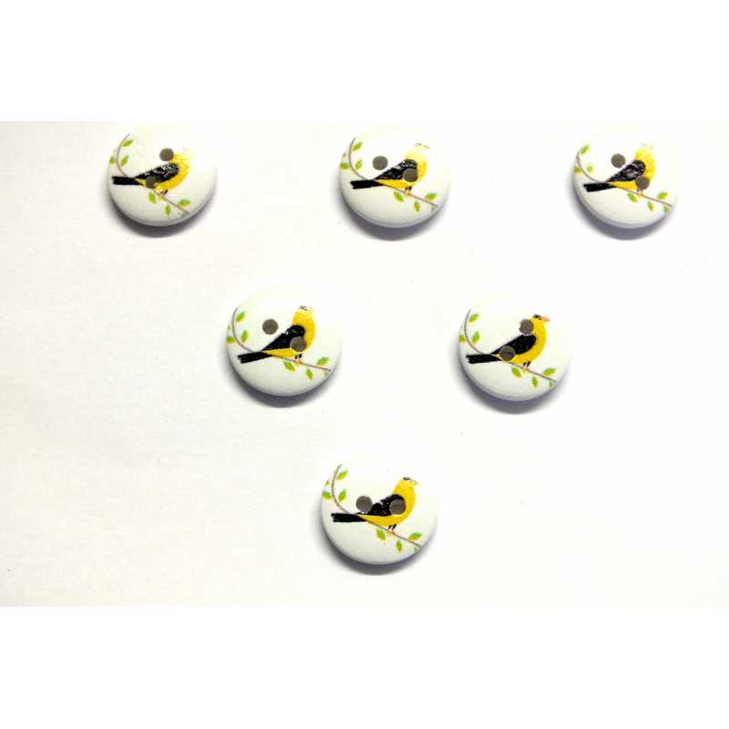 LOT 6 BOUTONS BOIS : rond motif oiseau 15mm (05) 