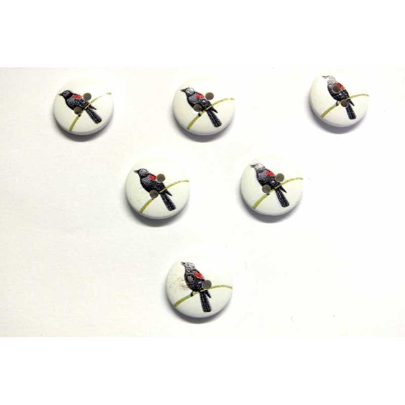 LOT 6 BOUTONS BOIS : rond motif oiseau 15mm (06) 