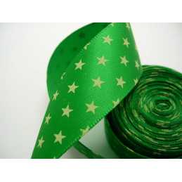 RUBAN SATIN : vert motif étoile largeur 22mm longueur 100cm (03) 