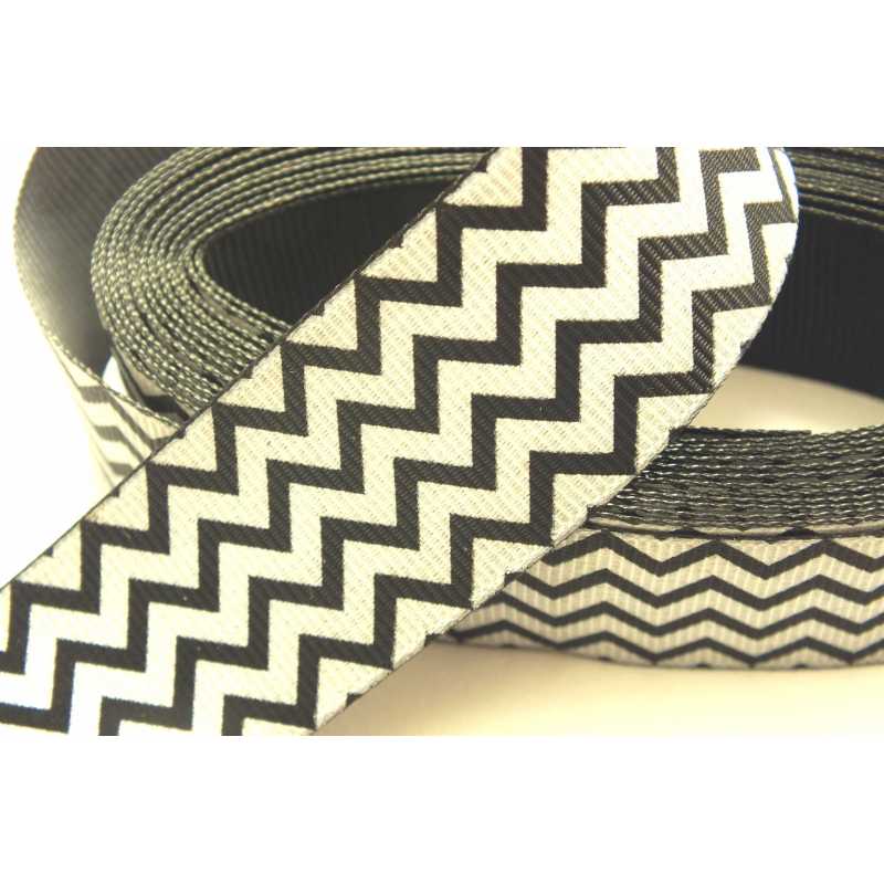 RUBAN POLYESTER : noir/blanc zigzag largeur 25mm longueur (06) 