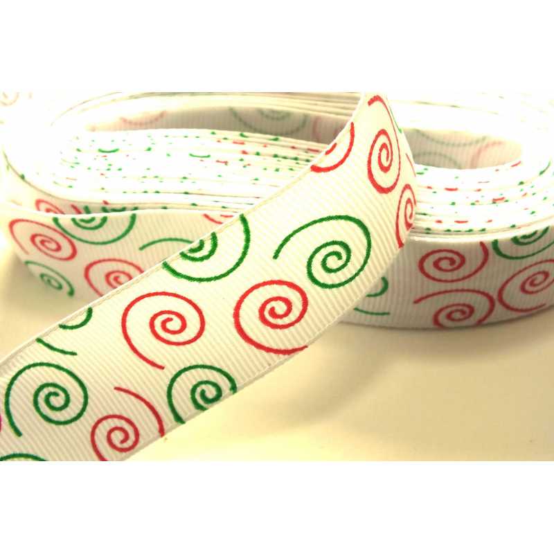 RUBAN TISSU POLYESTER : blanc motif spirale rg/vert  largeur 25mm longueur 100cm 