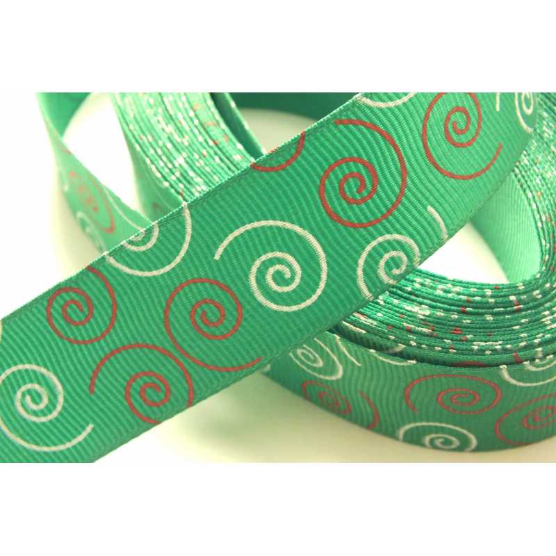 RUBAN TISSU POLYESTER : vert motif spirale rouge/blanc  largeur 25mm longueur 100cm 