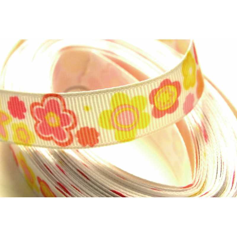 RUBAN POLYESTER : blanc motif fleur rose largeur 16mm longueur 100cm (03) 