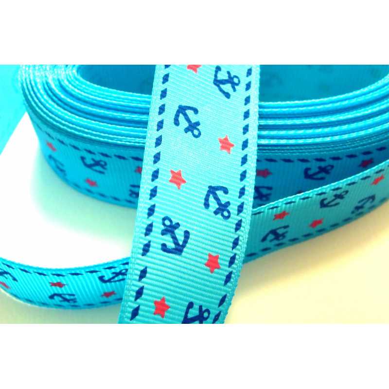 RUBAN POLYESTER : bleu motif ancre marine  largeur 25mm  longueur 100cm 