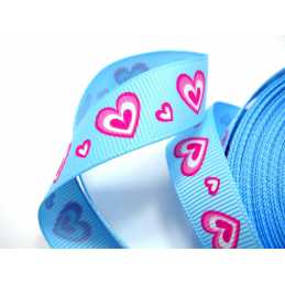 RUBAN POLYESTER : bleu motif coeur rose  largeur 17mm longueur 100cm (01) 