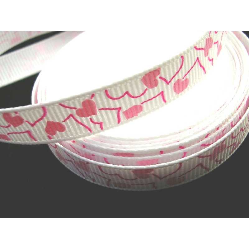 RUBAN POLYESTER : blanc motif coeur rose largeur 10mm  longueur 100cm (03) 