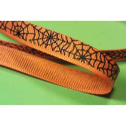 RUBAN POLYESTER  : orange motif toile d'araignée largeur 10mm longueur 100cm (01) 