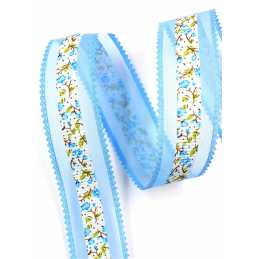 RUBAN VOILE POLYESTER : bleu clair motif fleur largeur 32mm longueur 100cm (01) 