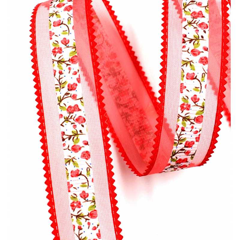 RUBAN VOILE POLYESTER : rouge motif fleur largeur 32mm longueur 100cm (01) 