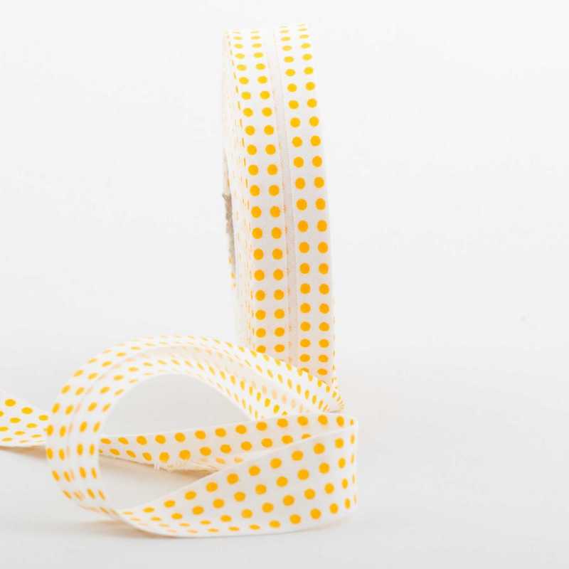 BIAIS COTON PLIE :  blanc motif pois jaune largeur 20mm longueur 100cm 