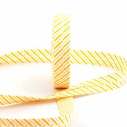 BIAIS COTON PLIE : blanc motif rayure et vague jaune largeur 20mm longueur 100cm 