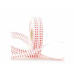 BIAIS COTON PLIE : blanc motif pois rouge largeur 20mm longueur 100cm