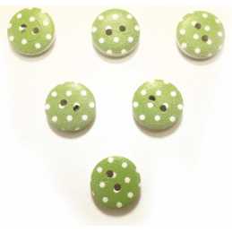 LOT 6 BOUTONS BOIS : rond vert clair motif  pois 15mm (14) 
