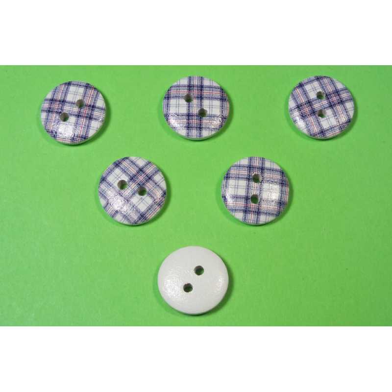 LOT 6 BOUTONS BOIS : rond motif écossais 15mm (12) 