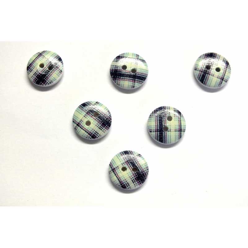 LOT 6 BOUTONS BOIS : rond motif écossais 15mm (35) 