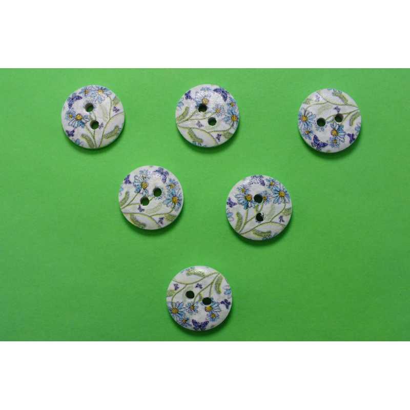 LOT 6 BOUTONS BOIS : rond motif fleur 15mm (56) 