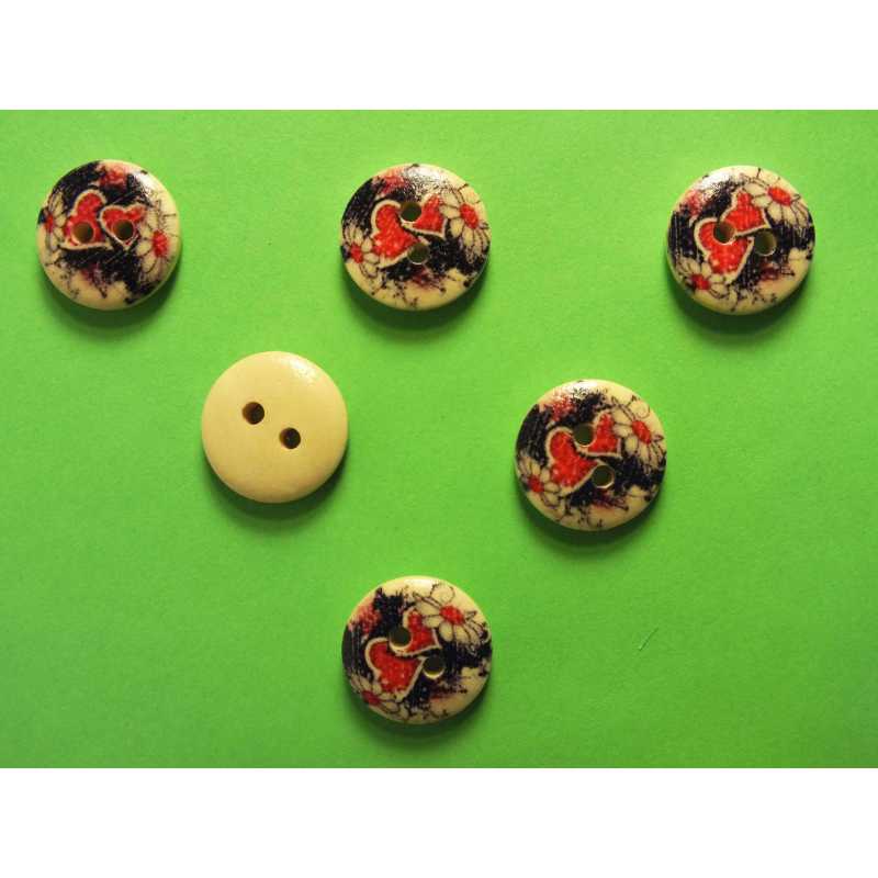 LOT 6 BOUTONS BOIS : rond motif fleur 15mm (60) 