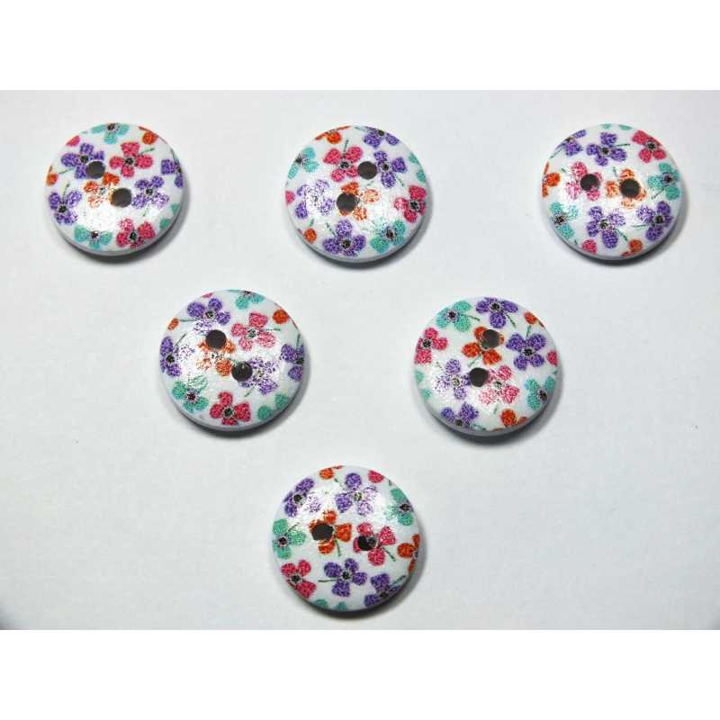 LOT 6 BOUTONS BOIS : rond motif fleur 15mm (116) 