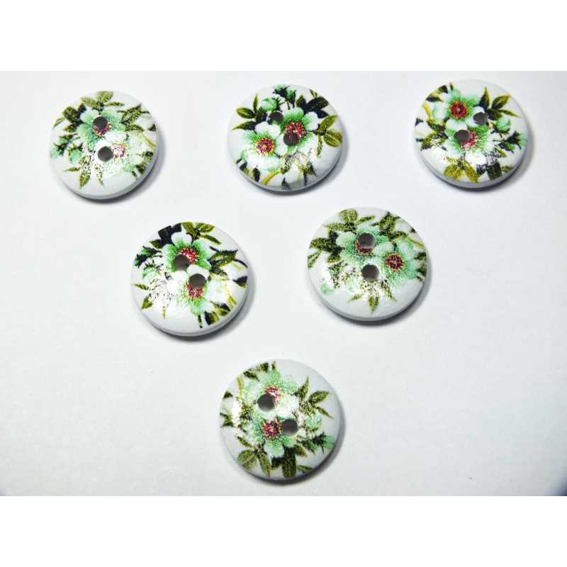 LOT 6 BOUTONS BOIS : rond motif Kitty 15mm (01) 