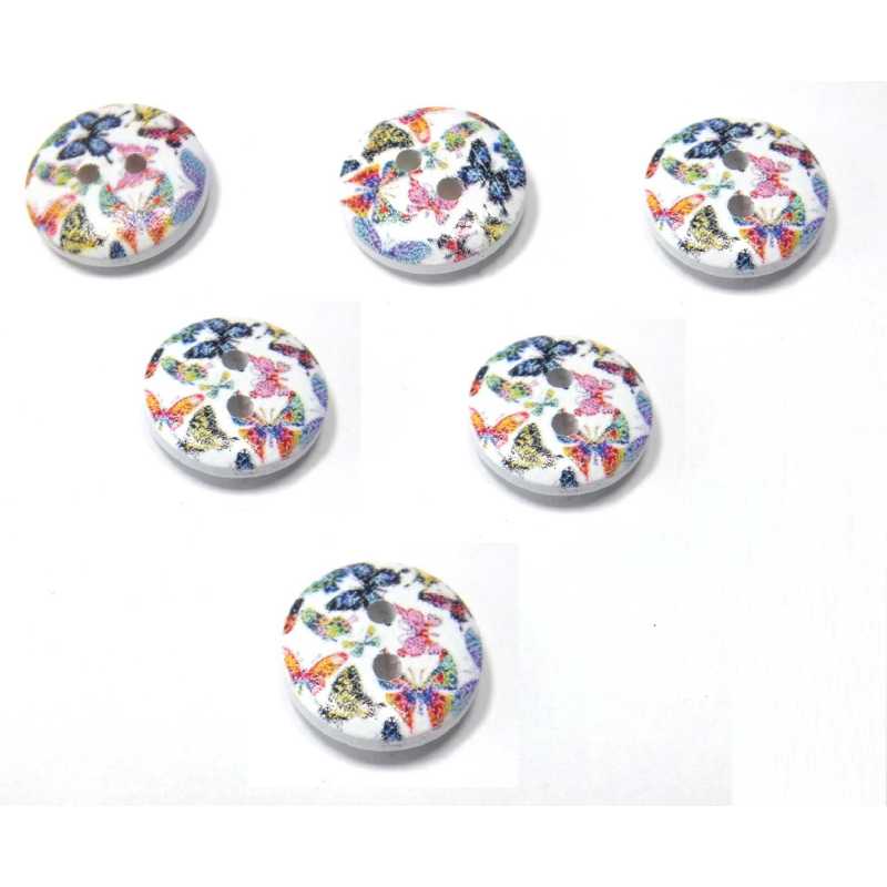 LOT 6 BOUTONS BOIS : rond motif papillon 15mm (09) 