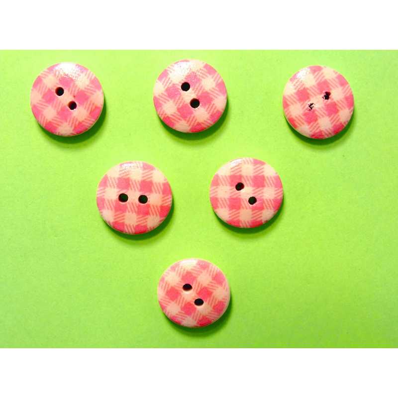 LOT 6 BOUTONS BOIS : rond motif vichy rose/blanc 15mm (20) 