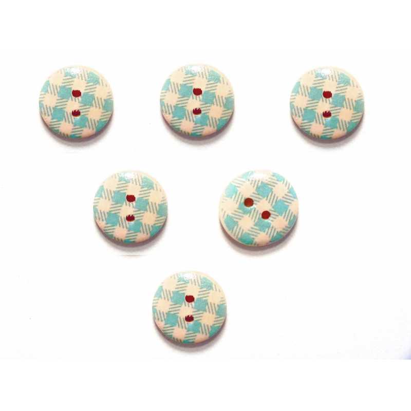 LOT 6 BOUTONS BOIS : rond motif vichy bleu/blanc 15mm (22) 