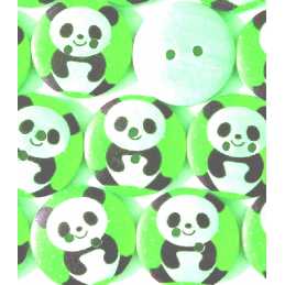 LOT 6 BOUTONS BOIS : rond vert motif panda 15mm  
