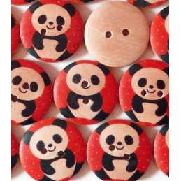 LOT 6 BOUTONS BOIS : rond rouge motif panda 15mm  