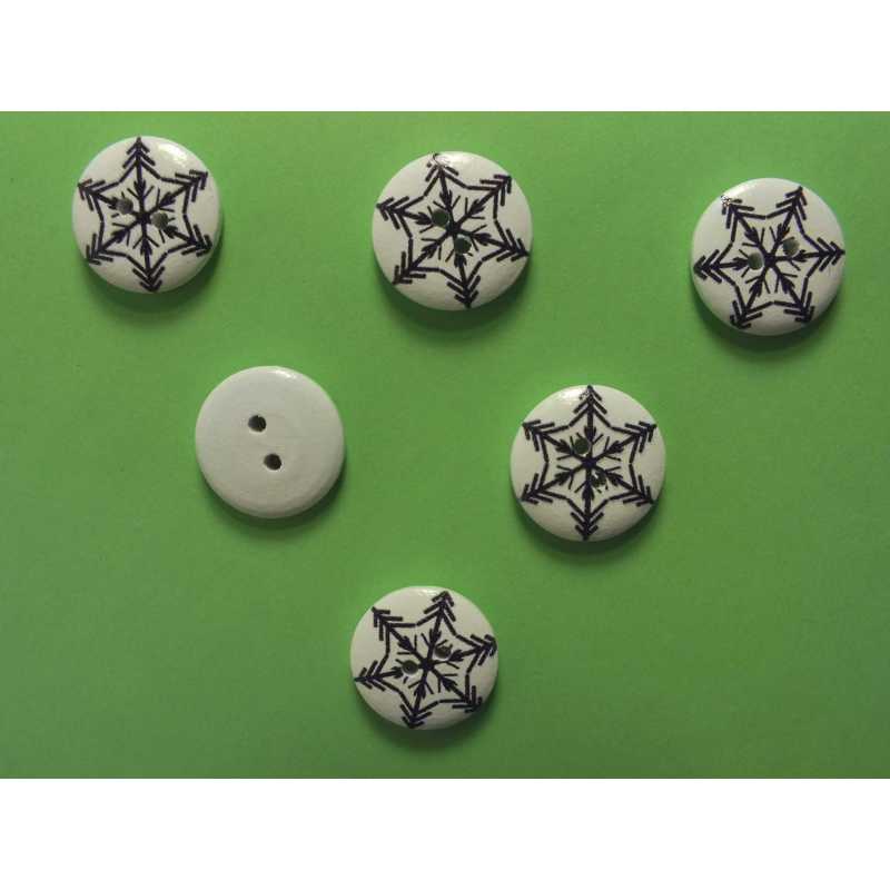 LOT 6 BOUTONS BOIS : rond flocon noir 18mm (03) 