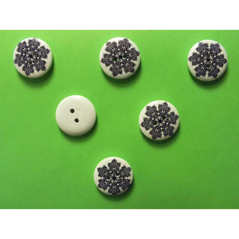 LOT 6 BOUTONS BOIS : rond flocon noir 18mm (07) 