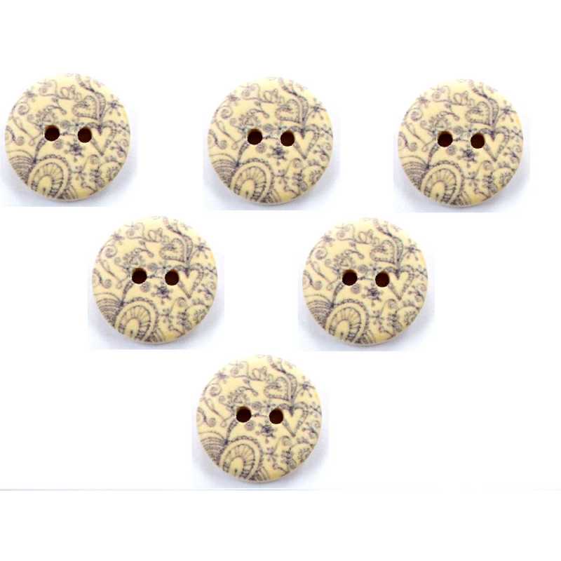 LOT 6 BOUTONS BOIS : rond motif fleur 18mm (02) 