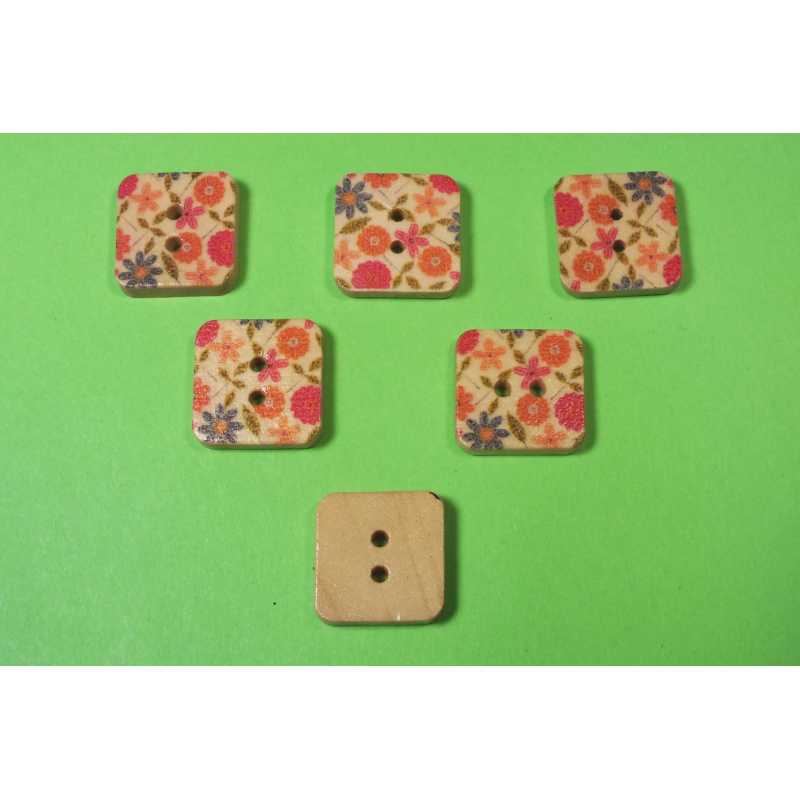 LOT 6 BOUTONS BOIS : carré motif fleur 15mm (34) 