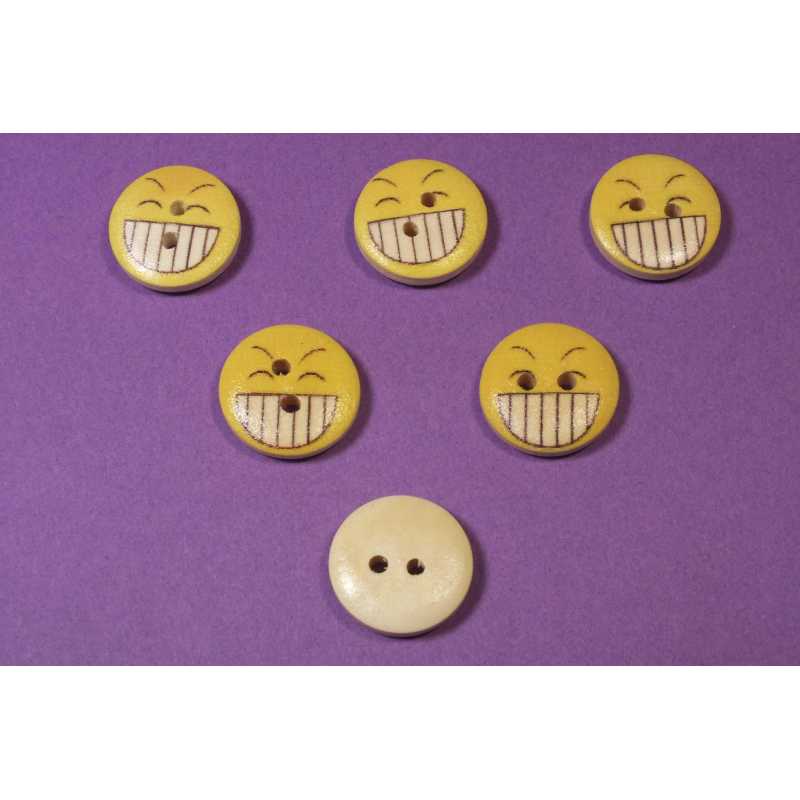 LOT 6 BOUTONS BOIS : rond motif visage rigolo 15mm (09) 