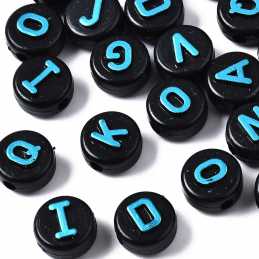 PERLES ACRYLIQUES : 100 rondes noires lettres bleues 10mm 