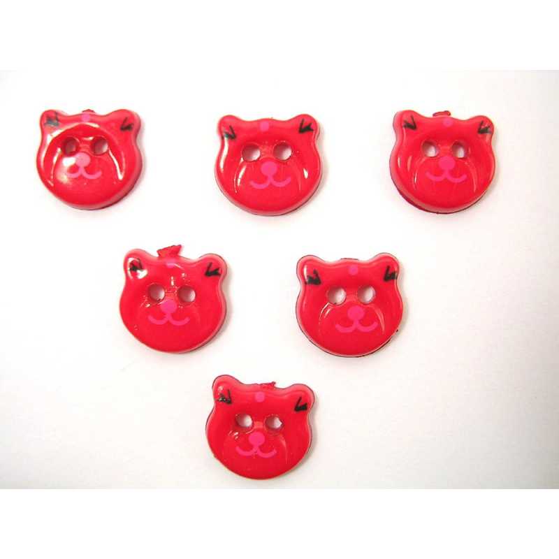 LOT 6 BOUTONS ACRYLIQUES : tete ours rouge 13*12mm (01) 