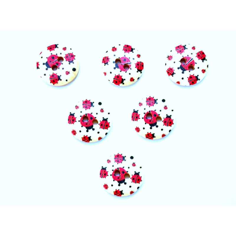 LOT 6 BOUTONS BOIS : rond motif coccinelle 18mm (02) 