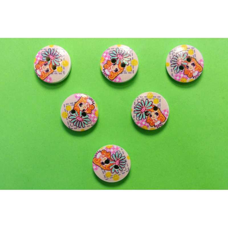 LOT 6 BOUTONS BOIS : rond motif fleur 13mm (01) 