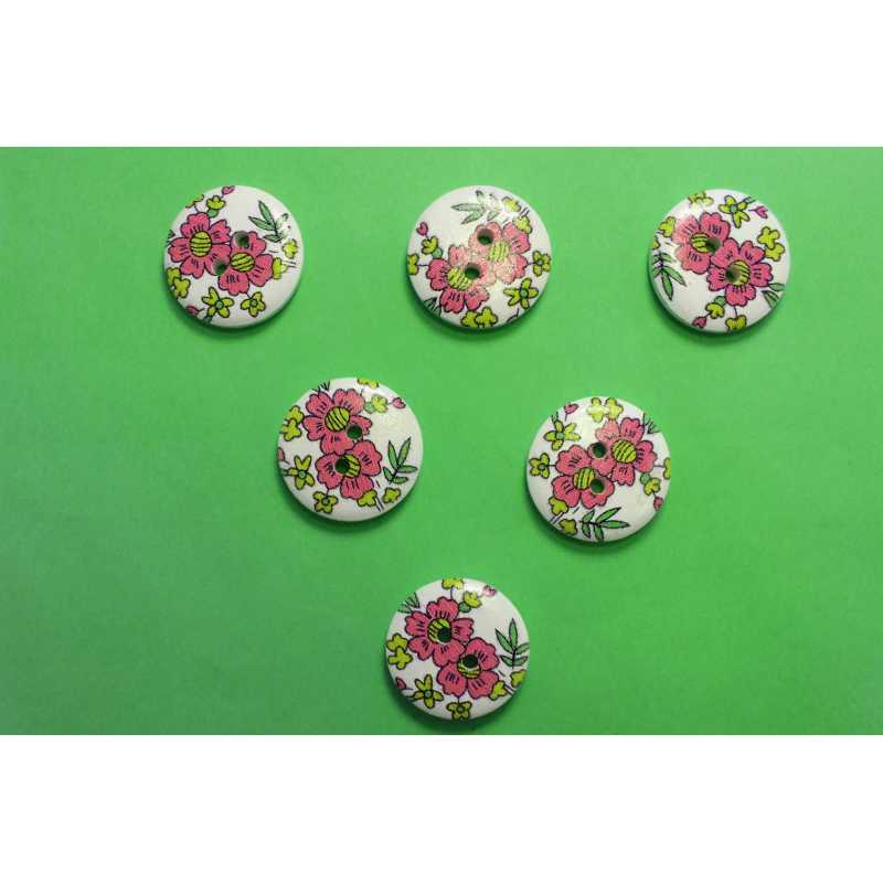 LOT 6 BOUTONS BOIS : rond motif fleur 13mm (02) 