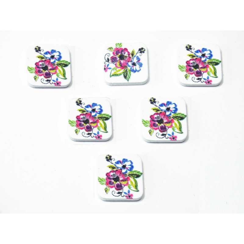 LOT 6 BOUTONS BOIS : carré motif fleur 15mm (40) 